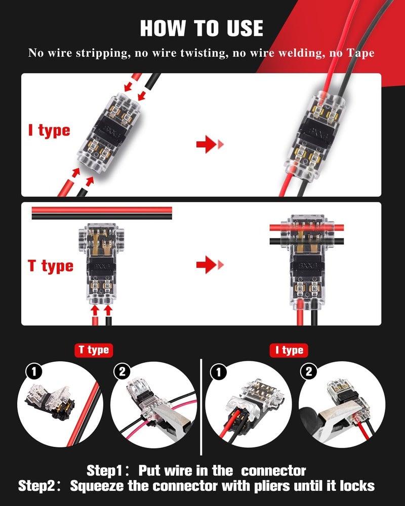 Kuject 10pc Low Voltage Wire Connectors, T Tap 3 Way 2 Pins Splice Wire Connectors, Quick Solderless Wire Connector for Automotive, Led Strip, Landscaping, 18-24AWG - Image 5